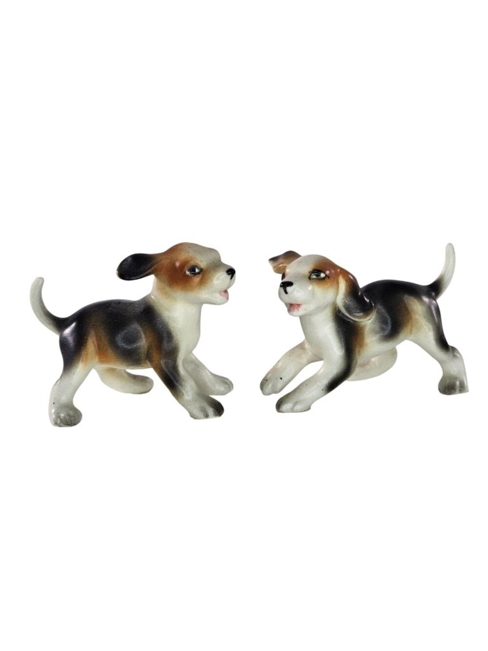 Vintage Ceramic Beagle Puppies Dog Figurines Black Tan White Porcelain Japan